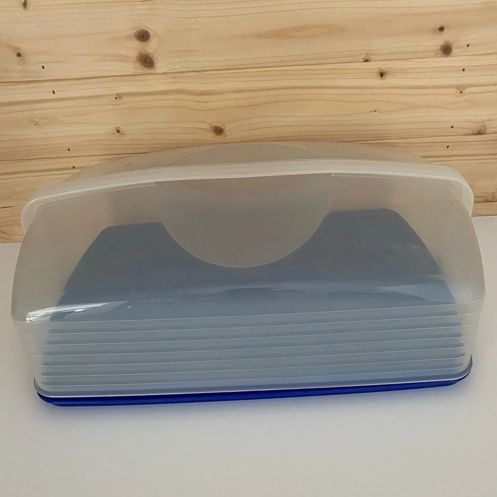 TUPPERWARE Rectangle Bake N Take Cake Cupcake Taker Carrier Blue Clear